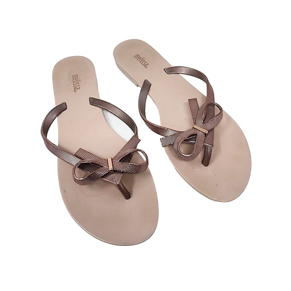 Melissa Harmonic Chrome II Flip Flop Women 9 Metallic Pink Rose Bow Jelly Flats